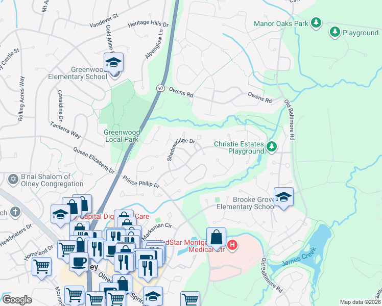 map of restaurants, bars, coffee shops, grocery stores, and more near 2801 Thickett Way in Olney