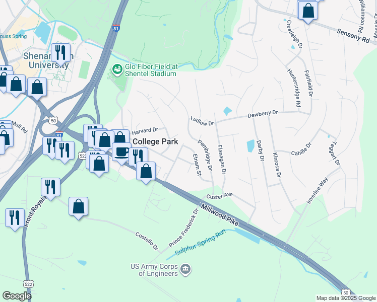 map of restaurants, bars, coffee shops, grocery stores, and more near 104 Etnam Street in Winchester