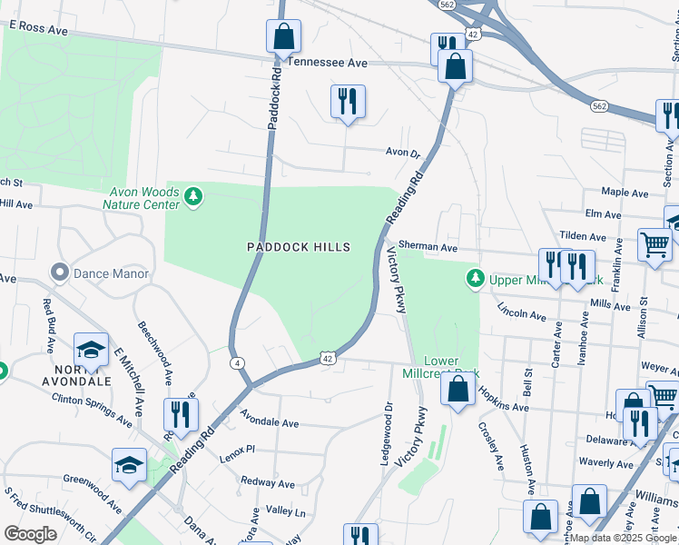 map of restaurants, bars, coffee shops, grocery stores, and more near 4201 Victory Parkway in Cincinnati