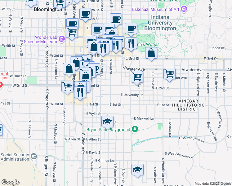 map of restaurants, bars, coffee shops, grocery stores, and more near 411 East University Street in Bloomington