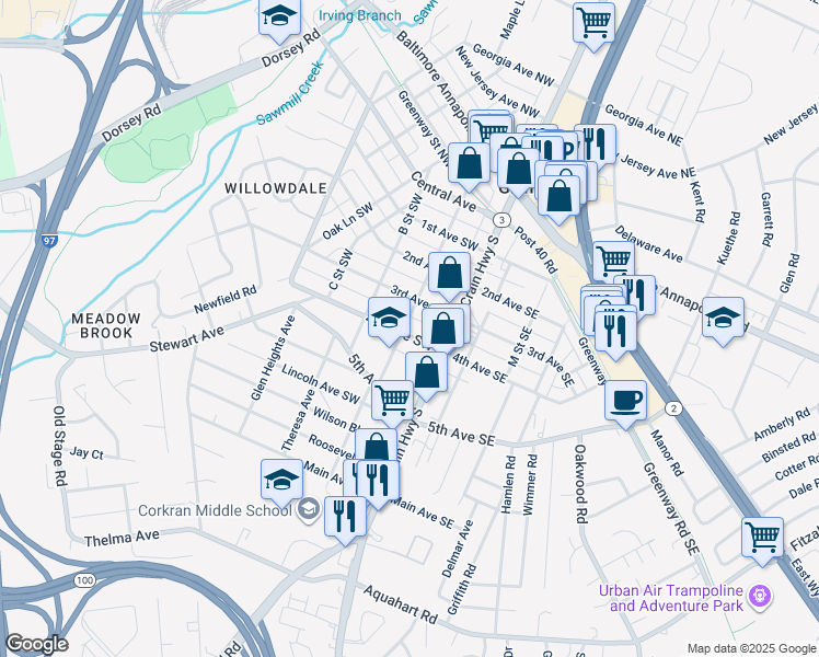 map of restaurants, bars, coffee shops, grocery stores, and more near 16 4th Avenue Southwest in Glen Burnie