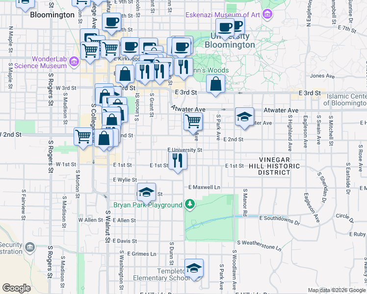 map of restaurants, bars, coffee shops, grocery stores, and more near 609 East University Street in Bloomington