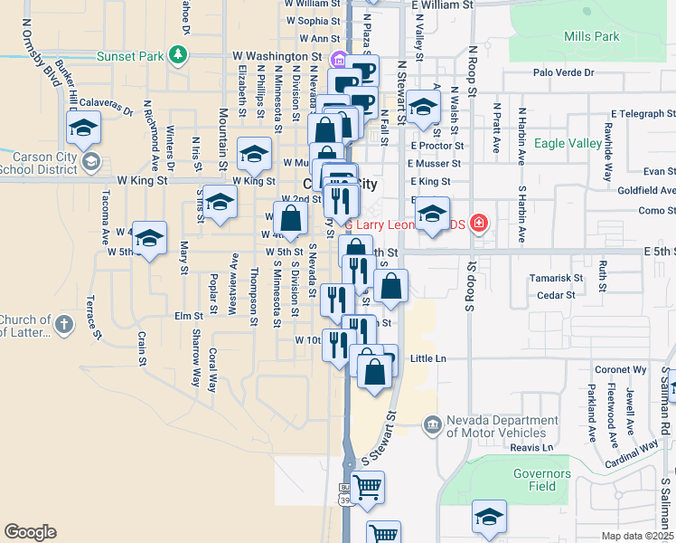 map of restaurants, bars, coffee shops, grocery stores, and more near 600 South Carson Street in Carson City