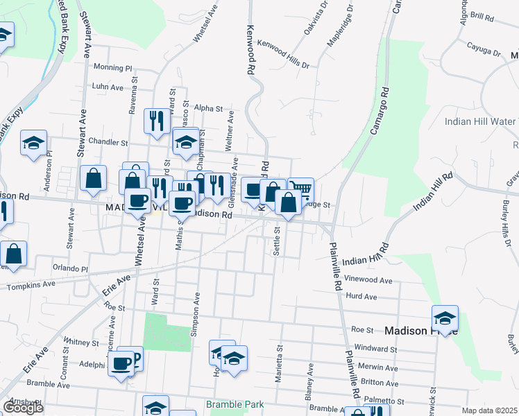 map of restaurants, bars, coffee shops, grocery stores, and more near 5011 Kenwood Road in Cincinnati