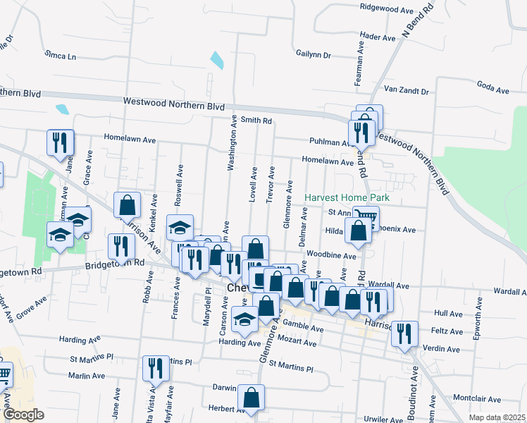 map of restaurants, bars, coffee shops, grocery stores, and more near 3929 Trevor Avenue in Cincinnati