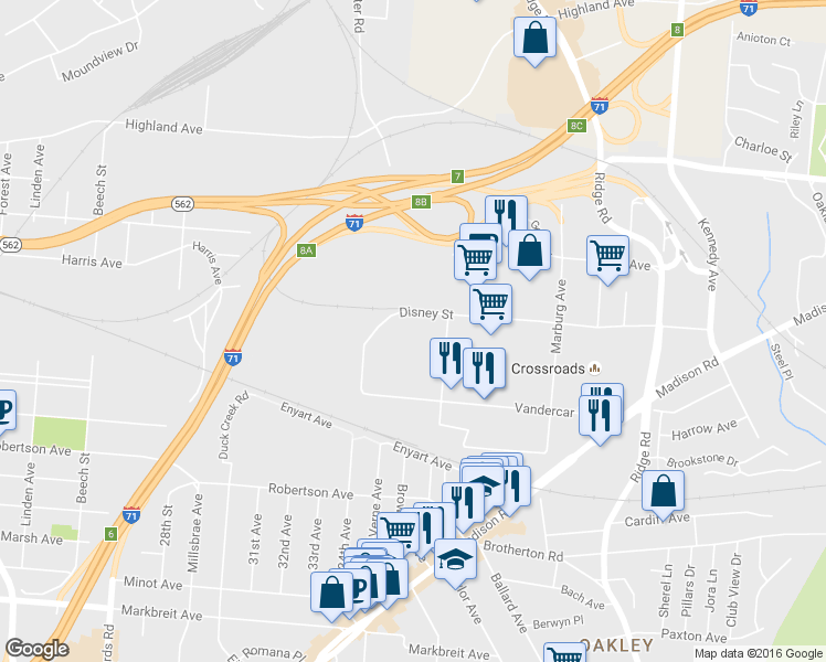 map of restaurants, bars, coffee shops, grocery stores, and more near 3025 Disney Street in Cincinnati
