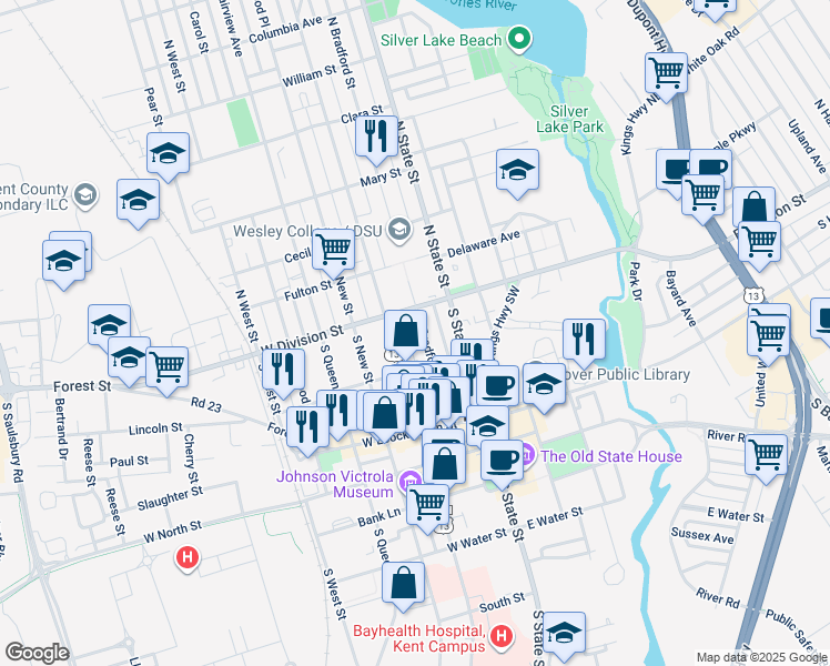 map of restaurants, bars, coffee shops, grocery stores, and more near 39 South Bradford Street in Dover