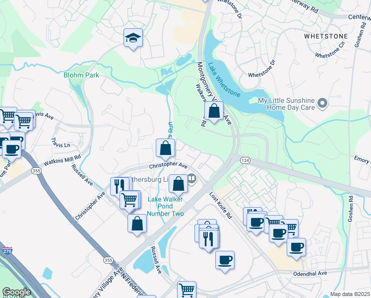 map of restaurants, bars, coffee shops, grocery stores, and more near 9900 Boysenberry Way in Montgomery Village