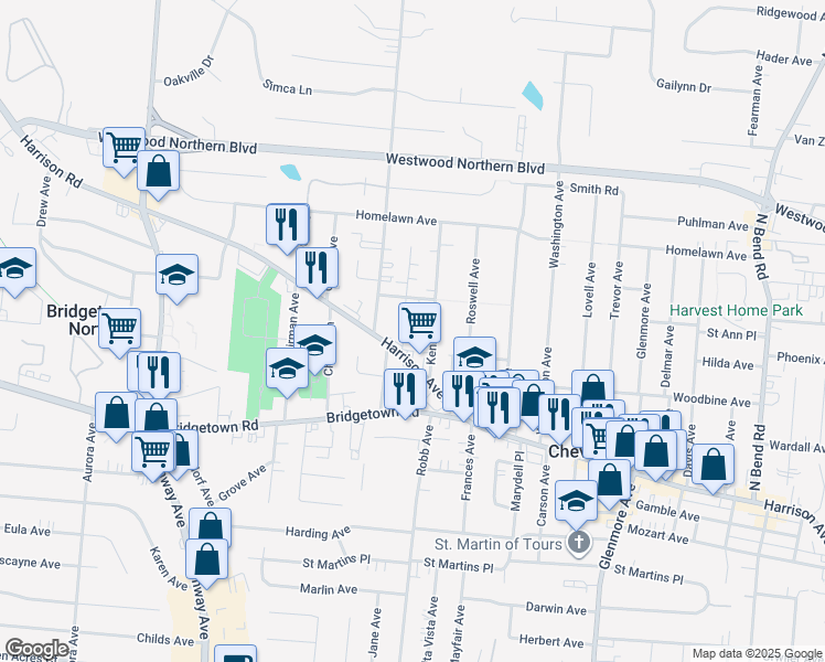 map of restaurants, bars, coffee shops, grocery stores, and more near 3937 Kenkel Avenue in Cincinnati