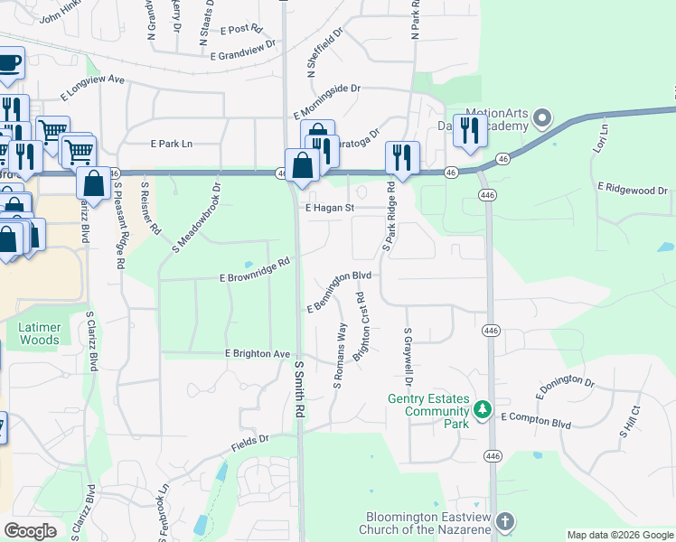 map of restaurants, bars, coffee shops, grocery stores, and more near 705 South Romans Court in Bloomington