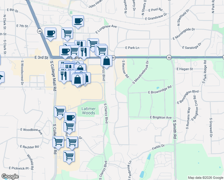 map of restaurants, bars, coffee shops, grocery stores, and more near 453 South Clarizz Boulevard in Bloomington