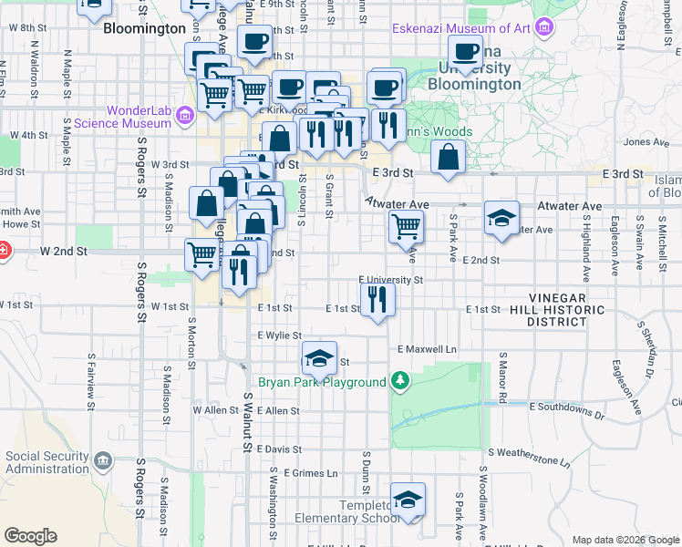 map of restaurants, bars, coffee shops, grocery stores, and more near 411 East University Street in Bloomington