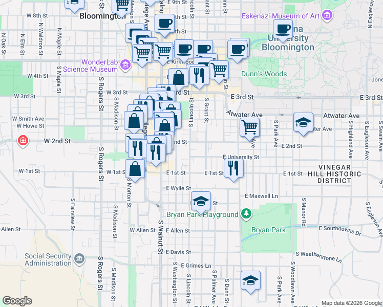 map of restaurants, bars, coffee shops, grocery stores, and more near 317 East University Street in Bloomington