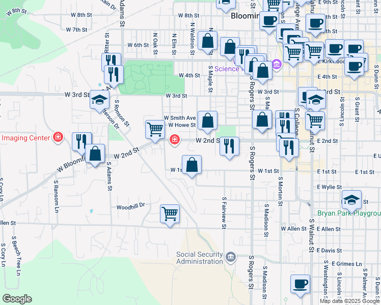 map of restaurants, bars, coffee shops, grocery stores, and more near 915 West 2nd Street in Bloomington