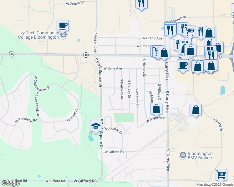 map of restaurants, bars, coffee shops, grocery stores, and more near 720 South Parkway Drive in Bloomington