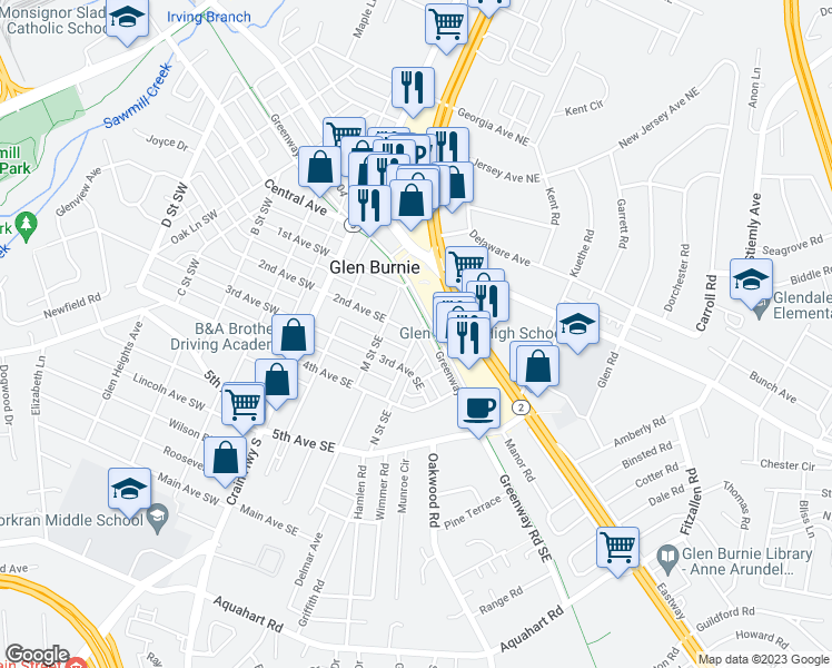 map of restaurants, bars, coffee shops, grocery stores, and more near 200 N Street in Glen Burnie