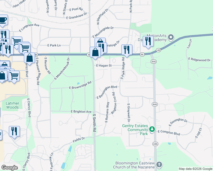 map of restaurants, bars, coffee shops, grocery stores, and more near 705 South Romans Court in Bloomington
