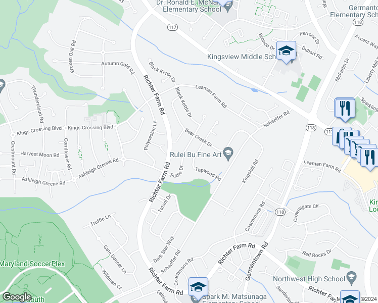 map of restaurants, bars, coffee shops, grocery stores, and more near 18319 Fable Drive in Boyds