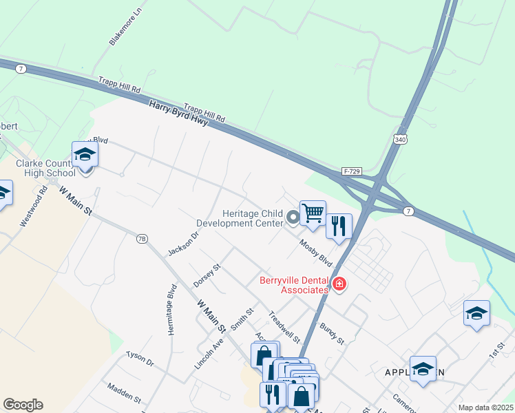 map of restaurants, bars, coffee shops, grocery stores, and more near 418 Mosby Boulevard in Berryville
