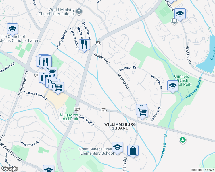 map of restaurants, bars, coffee shops, grocery stores, and more near 18715 Harmony Woods Lane in Germantown