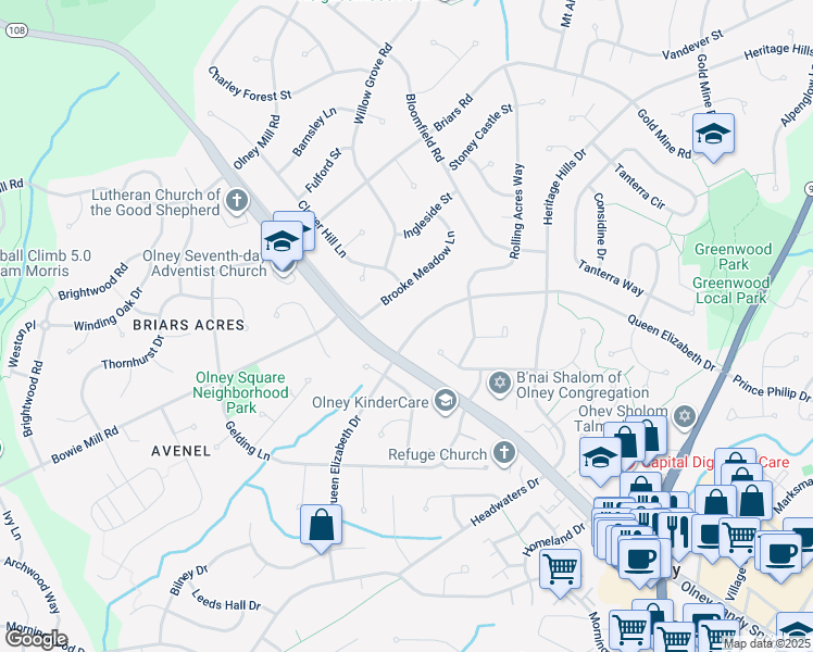 map of restaurants, bars, coffee shops, grocery stores, and more near 18508 Queen Elizabeth Drive in Olney
