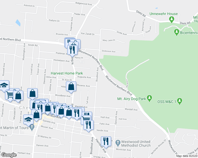 map of restaurants, bars, coffee shops, grocery stores, and more near 3830 Boudinot Avenue in Cincinnati