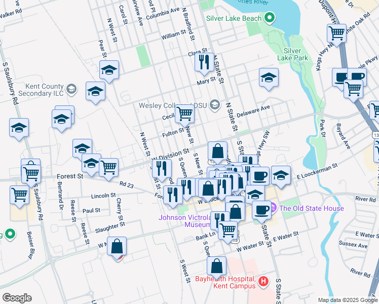 map of restaurants, bars, coffee shops, grocery stores, and more near 310 West Division Street in Dover
