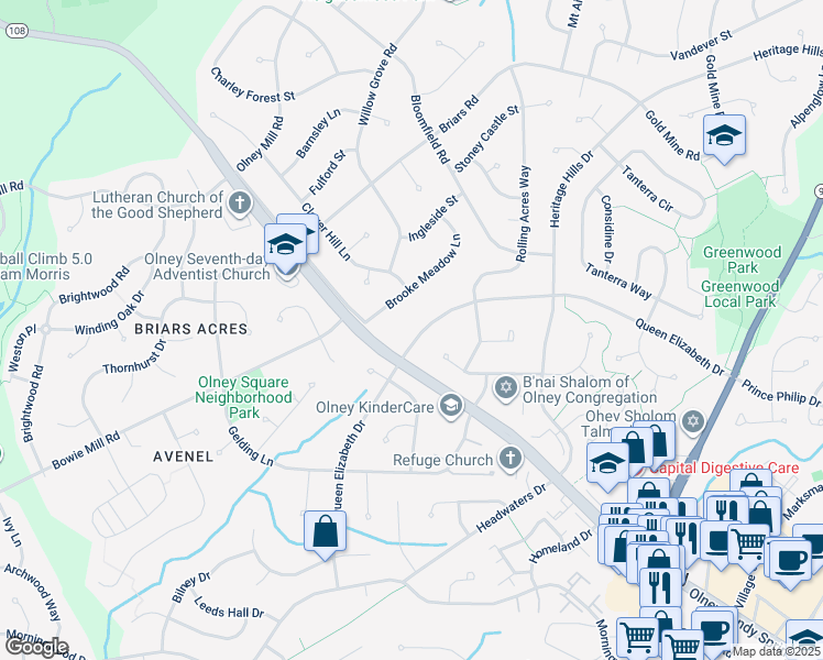 map of restaurants, bars, coffee shops, grocery stores, and more near 18508 Queen Elizabeth Drive in Olney