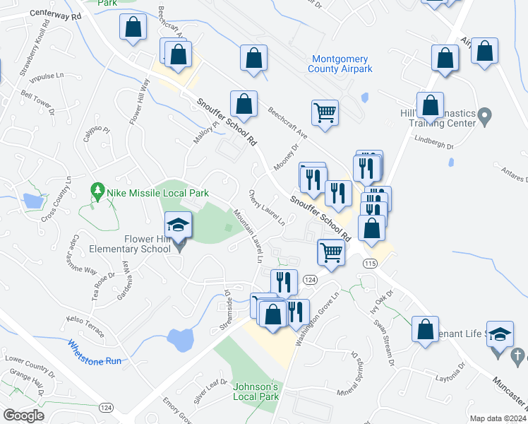 map of restaurants, bars, coffee shops, grocery stores, and more near 18512 Cherry Laurel Lane in Gaithersburg