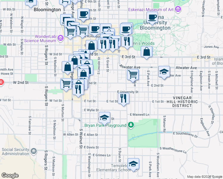 map of restaurants, bars, coffee shops, grocery stores, and more near 411 East University Street in Bloomington