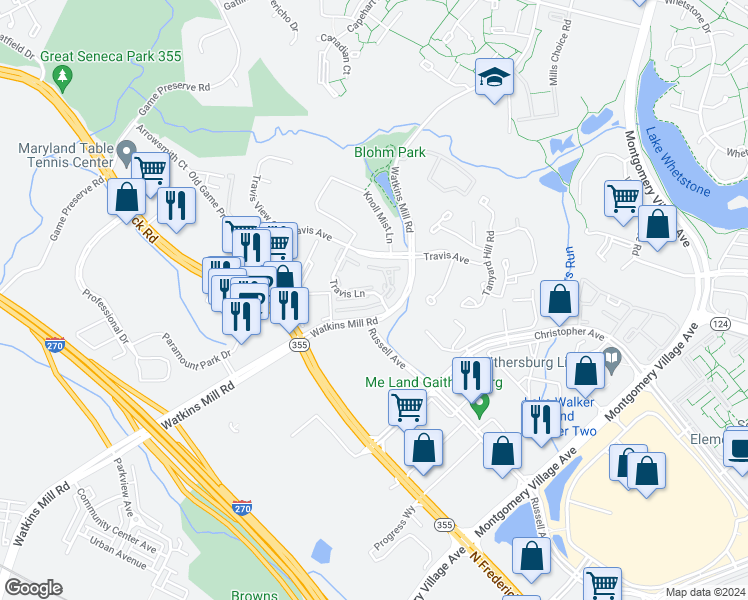 map of restaurants, bars, coffee shops, grocery stores, and more near 1002 Travis Lane in Gaithersburg