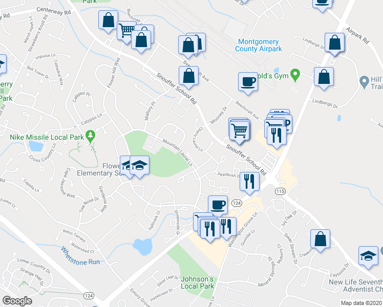 map of restaurants, bars, coffee shops, grocery stores, and more near 18423 Mayapple Court in Gaithersburg