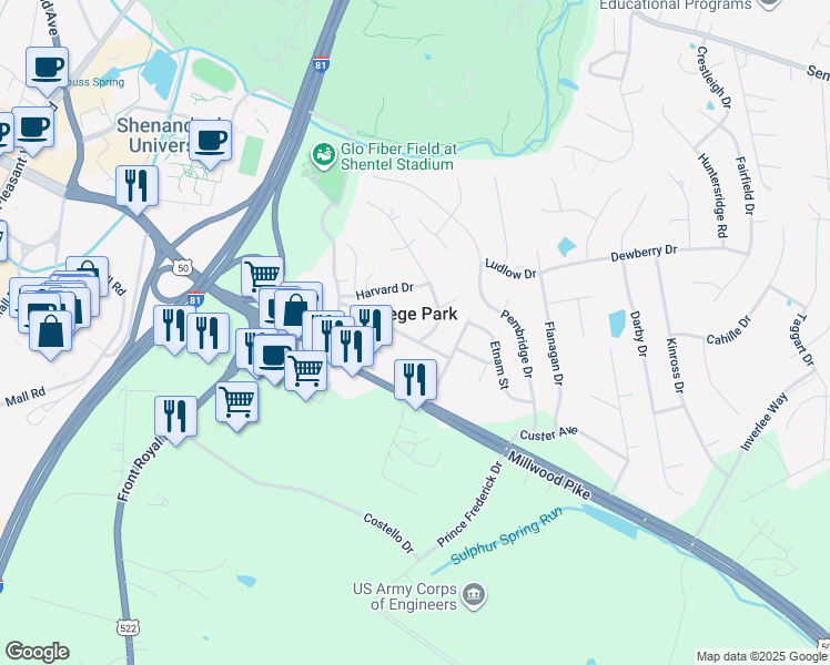 map of restaurants, bars, coffee shops, grocery stores, and more near 117 Princeton Drive in Winchester