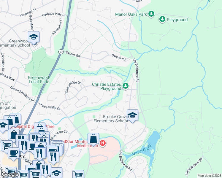 map of restaurants, bars, coffee shops, grocery stores, and more near 2600 Lindenwood Drive in Olney