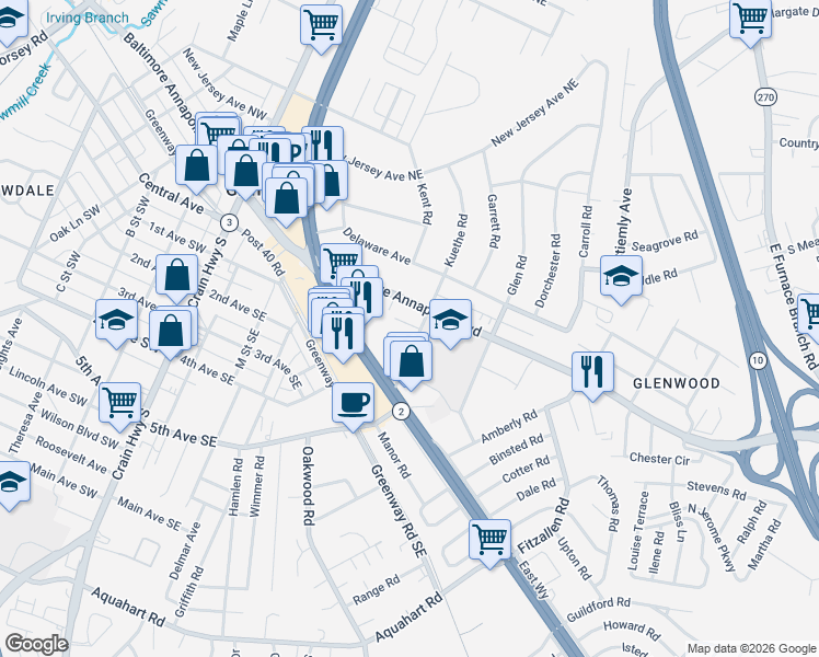 map of restaurants, bars, coffee shops, grocery stores, and more near 4 Kuethe Road in Glen Burnie
