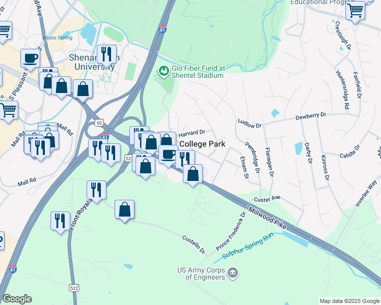 map of restaurants, bars, coffee shops, grocery stores, and more near 108 Princeton Drive in Winchester
