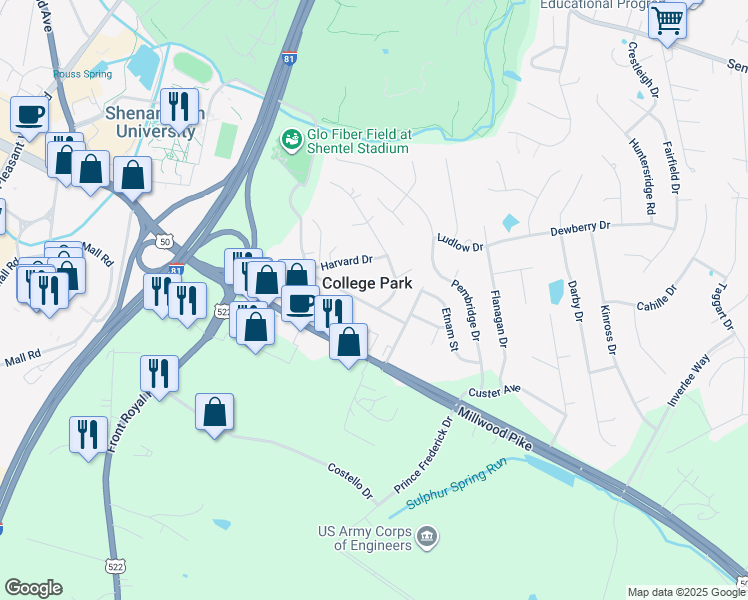 map of restaurants, bars, coffee shops, grocery stores, and more near 117 Princeton Drive in Winchester