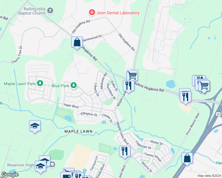 map of restaurants, bars, coffee shops, grocery stores, and more near 7657 President Street in Fulton