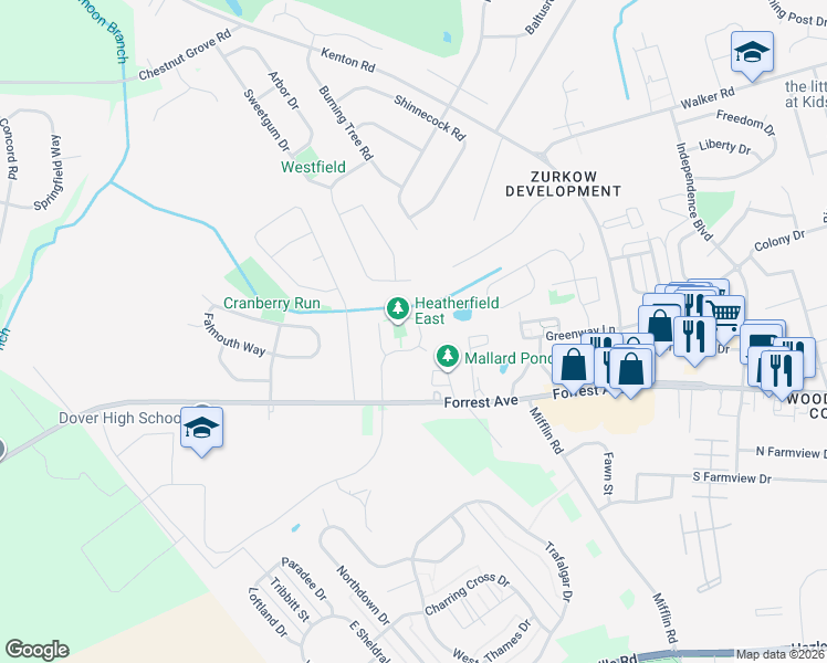 map of restaurants, bars, coffee shops, grocery stores, and more near 30 Heatherfield Way in Dover