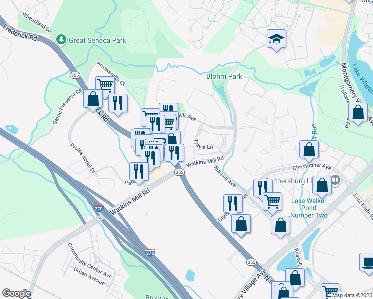map of restaurants, bars, coffee shops, grocery stores, and more near 166 Watkins Station Circle in Gaithersburg