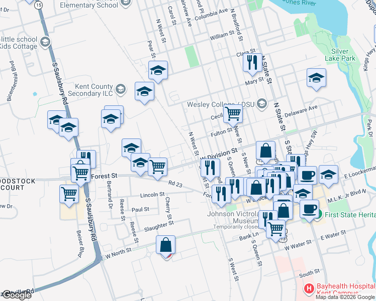 map of restaurants, bars, coffee shops, grocery stores, and more near 602 Fulton Street in Dover