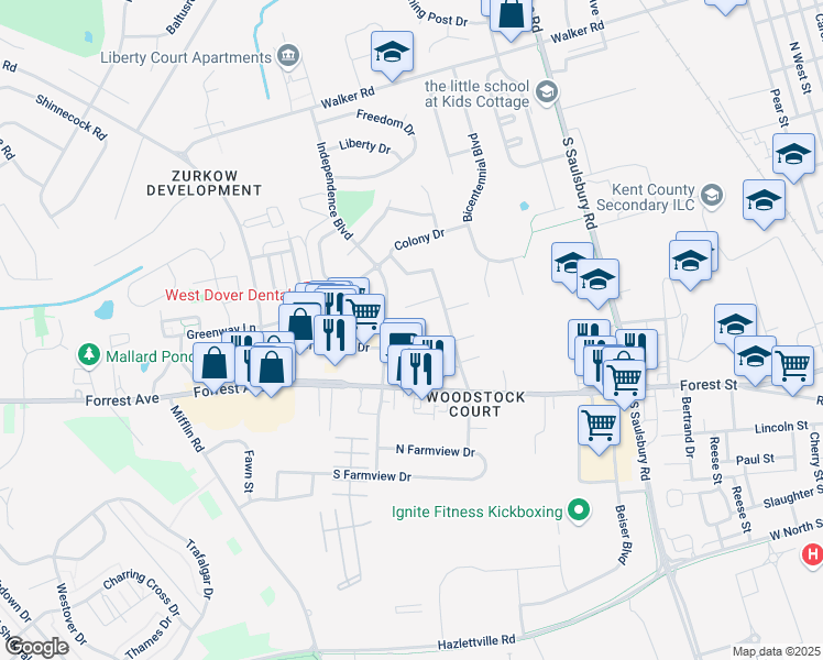 map of restaurants, bars, coffee shops, grocery stores, and more near 1237 Andrew Drive in Dover