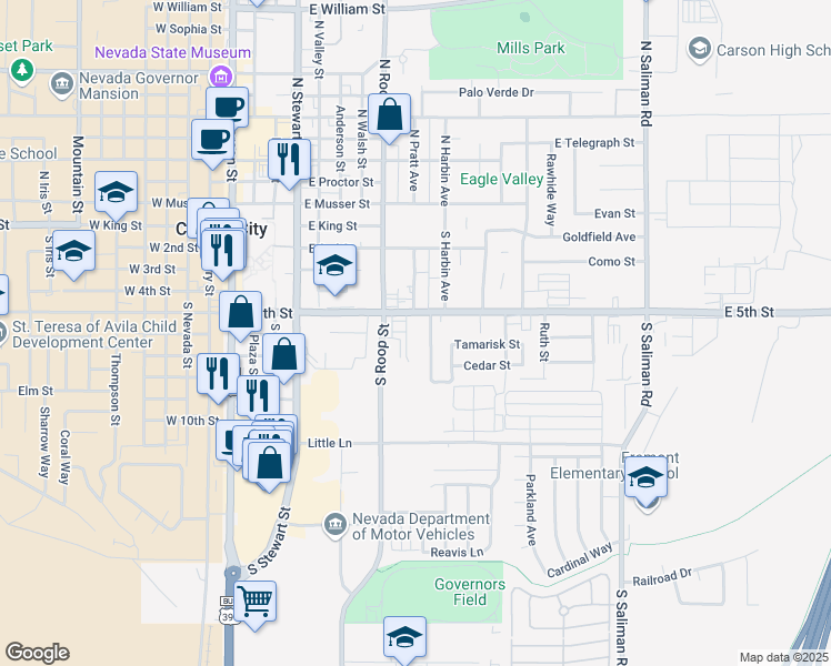 map of restaurants, bars, coffee shops, grocery stores, and more near 609 Linda Kay Court in Carson City