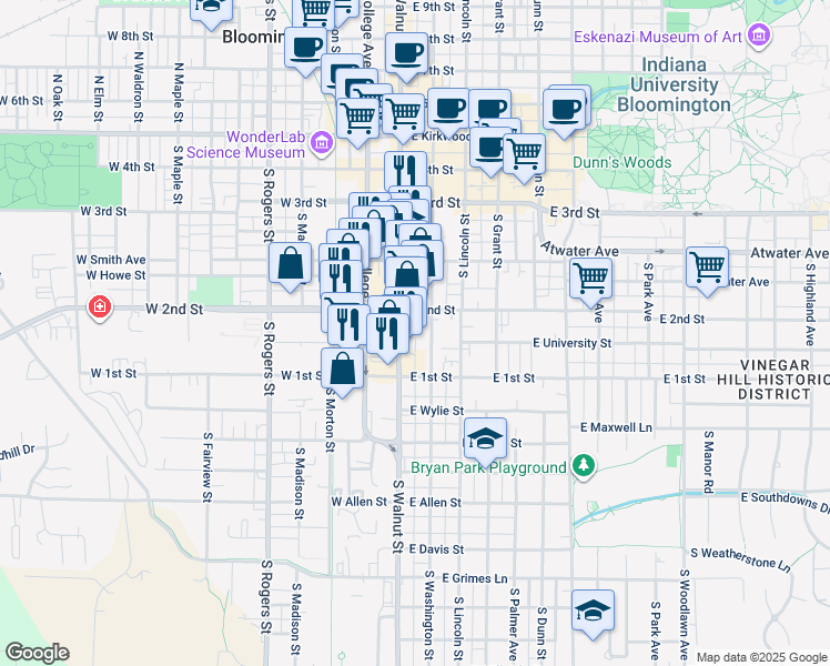 map of restaurants, bars, coffee shops, grocery stores, and more near 519 South Walnut Street in Bloomington