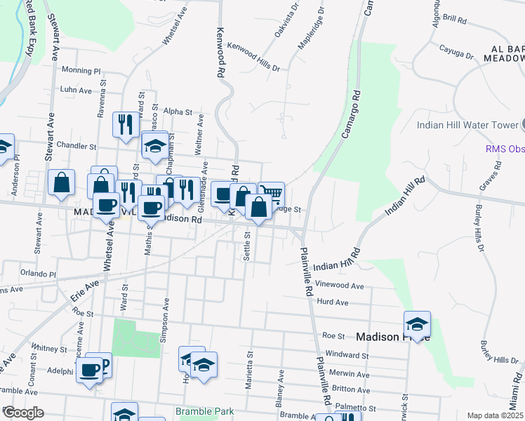 map of restaurants, bars, coffee shops, grocery stores, and more near 6503 East Ledge Street in Cincinnati