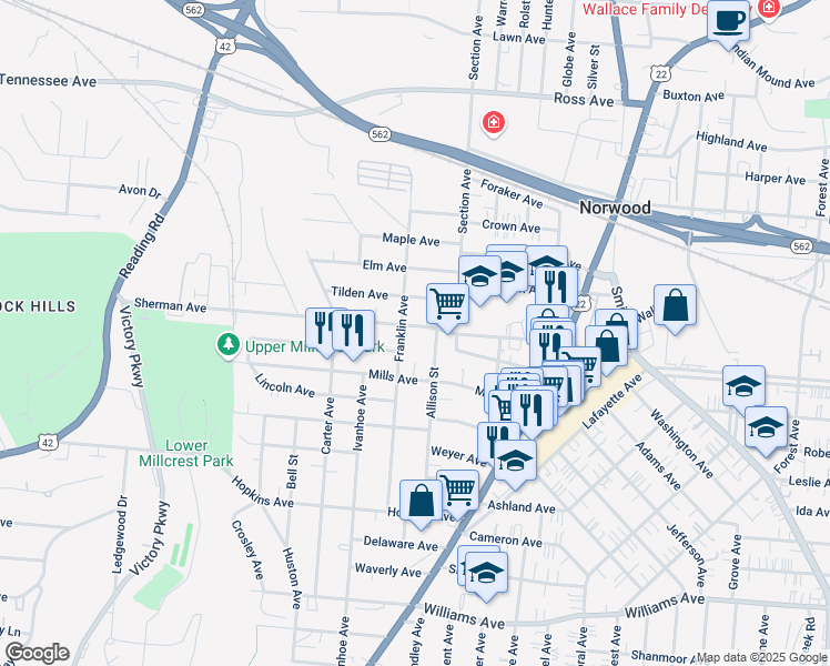 map of restaurants, bars, coffee shops, grocery stores, and more near 1911 Sherman Avenue in Cincinnati