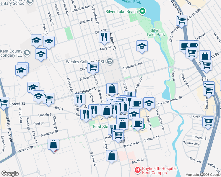map of restaurants, bars, coffee shops, grocery stores, and more near 17 U.S. 13 Alternate in Dover