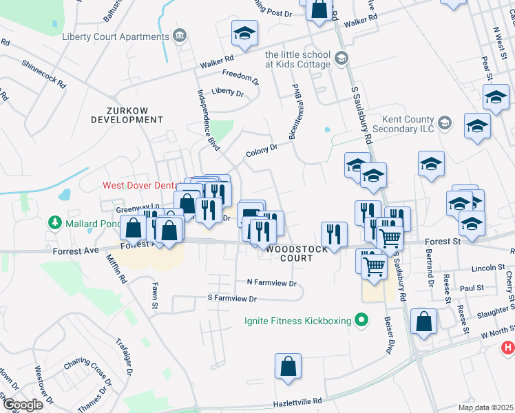 map of restaurants, bars, coffee shops, grocery stores, and more near 1237 Andrew Drive in Dover