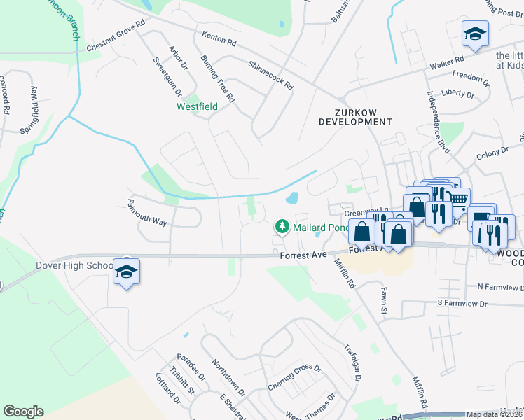 map of restaurants, bars, coffee shops, grocery stores, and more near 30 Heatherfield Way in Dover