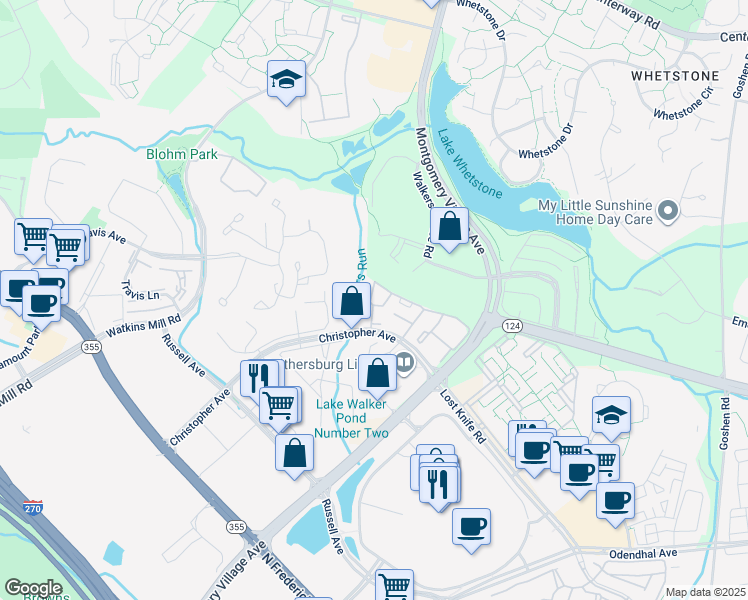 map of restaurants, bars, coffee shops, grocery stores, and more near 9907 Boysenberry Way in Gaithersburg